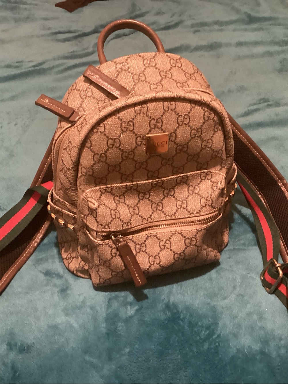 Gucci Beige GG Canvas Mini Backpack with Green-Red Web Straps - Picture 1 of 5